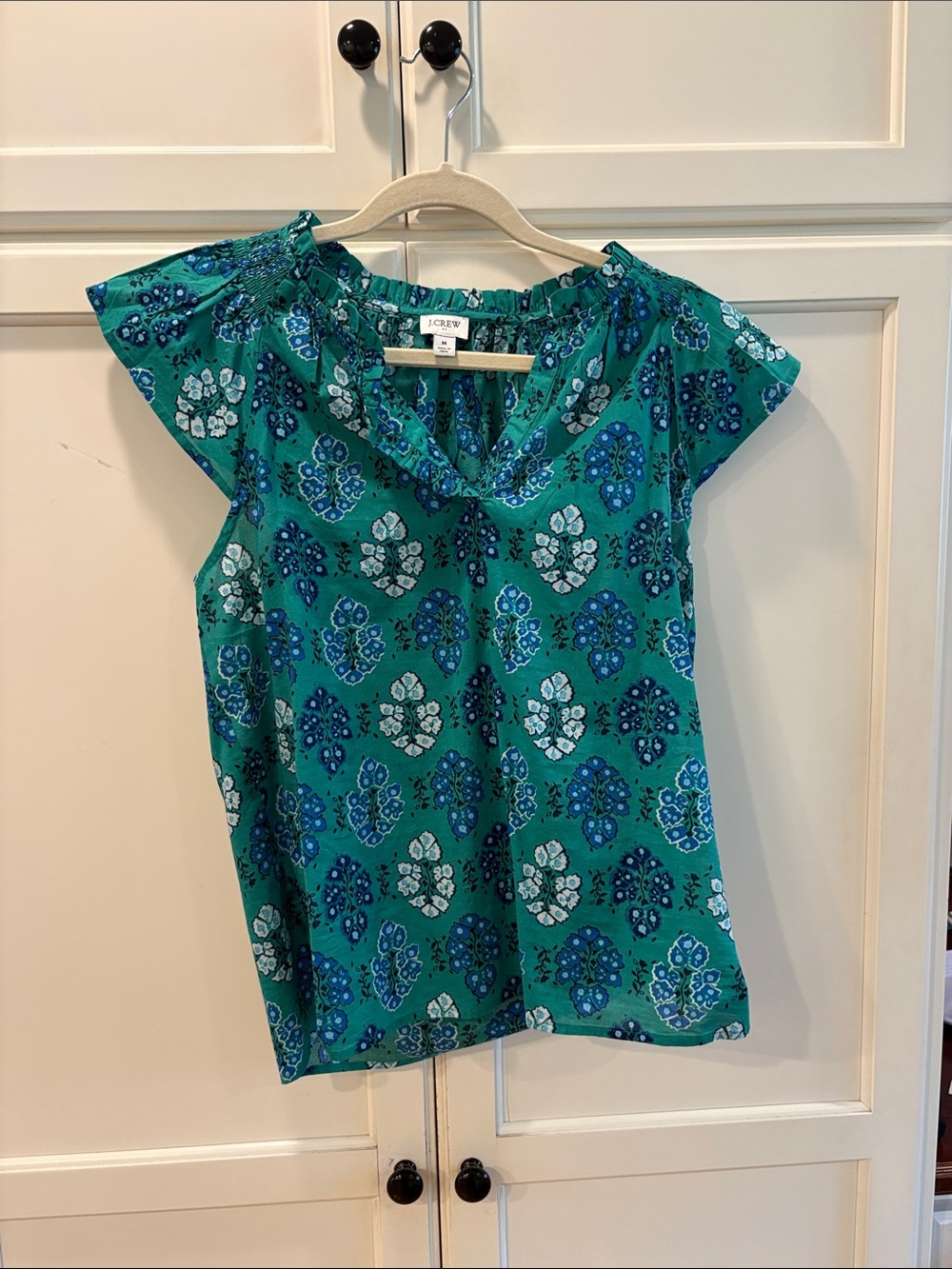 J. Crew Teal Floral Cap-Sleeve Blouse